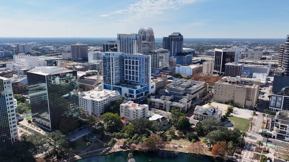 The Orlando skyline at dusk, high-rise office buildings in the business district